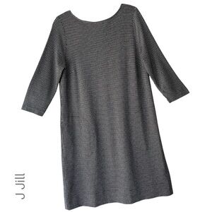 J JILL | PONTE KNIT BLACK & WHITE SHIFT DRESS BOAT NECK 3/4 SLEEVE POCKETS SMALL
